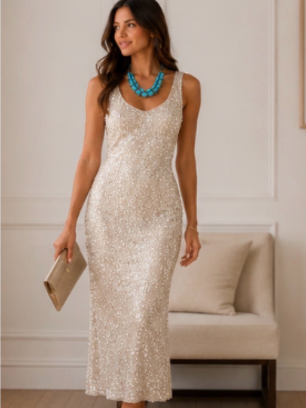 Wedding Guest Cream Sequin Maxi Dress. Stretch fabric in the lining for comfort!
